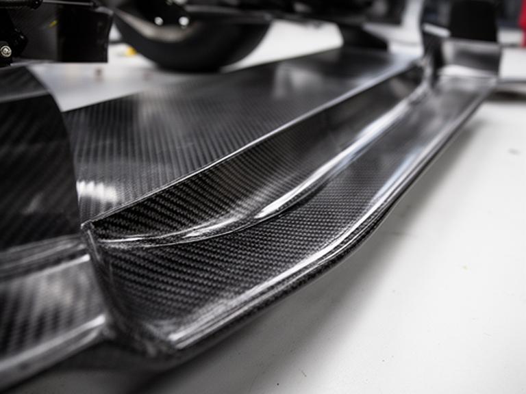 Splitter de fibra de carbono en el borde de una pieza automotriz lista para montaje
