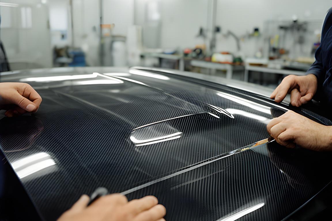 Técnicos revisando un capó de fibra de carbono en taller con iluminación limpia y superficie texturada