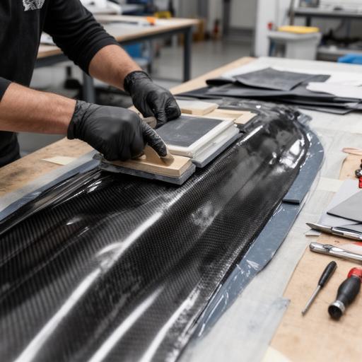Técnico de laminado trabajando con una pieza de fibra de carbono sobre banco de armado