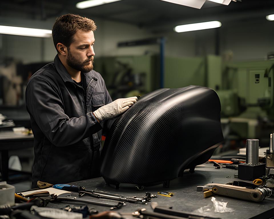 Técnico en un taller de composites inspeccionando una pieza de fibra de carbono junto a una mesa de trabajo iluminada