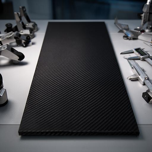 Panel estructural de composite en mesa técnica, con patrón de fibras y herramientas de precisión alrededor
