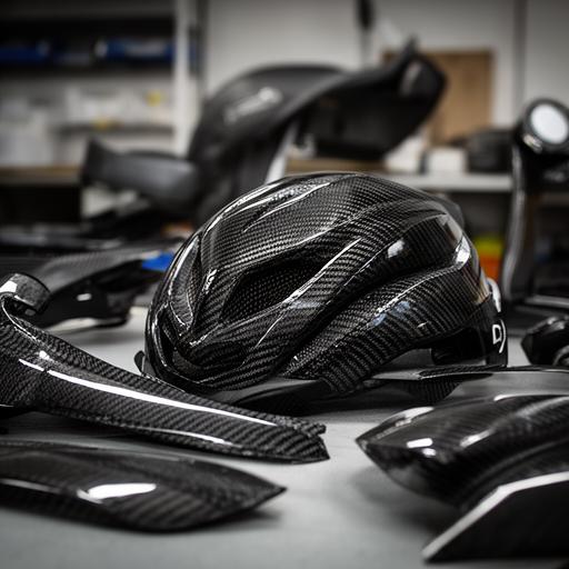Cascos y piezas deportivas de fibra de carbono expuestos en taller, con brillo uniforme y detalle de trama