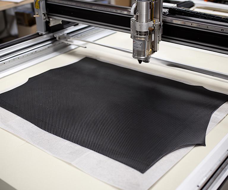 Cortadora CNC trabajando sobre tejido de fibra de carbono en una mesa de corte limpia y ordenada