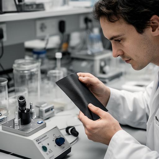 Ingeniera de materiales revisando una muestra de fibra de carbono en laboratorio técnico