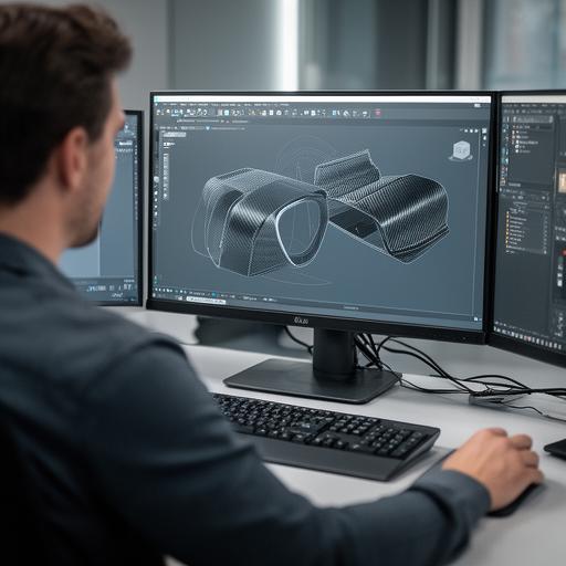 Diseñadora CAD modelando un componente de carbono en una estación de trabajo moderna