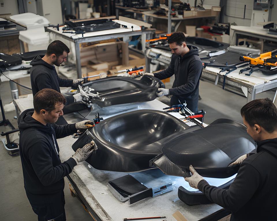 Equipo de fabricación de composites de carbono trabajando en un taller industrial en General Rodríguez, con piezas en proceso y luz natural