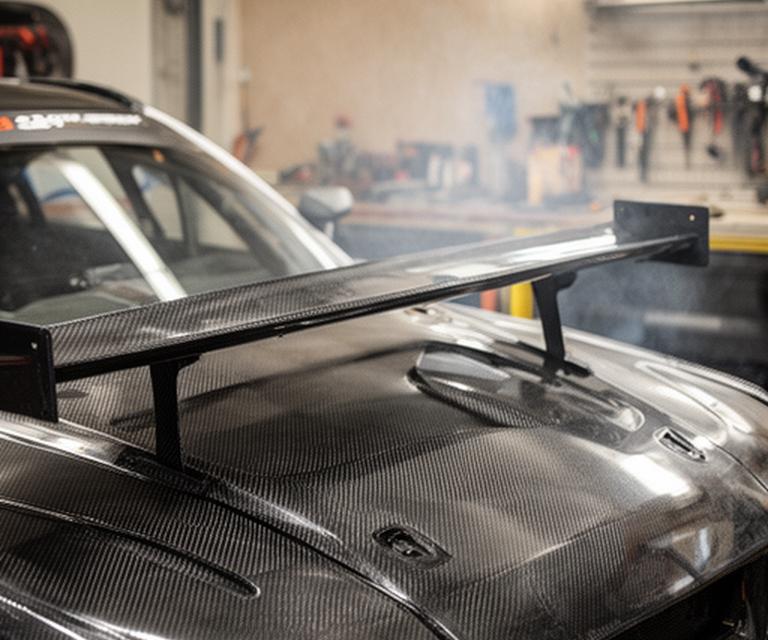 Auto deportivo en taller con capó y alerón de fibra de carbono listos para montaje