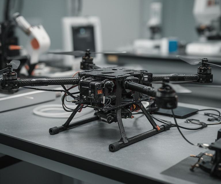 Dron industrial con estructura de carbono sobre banco de trabajo técnico