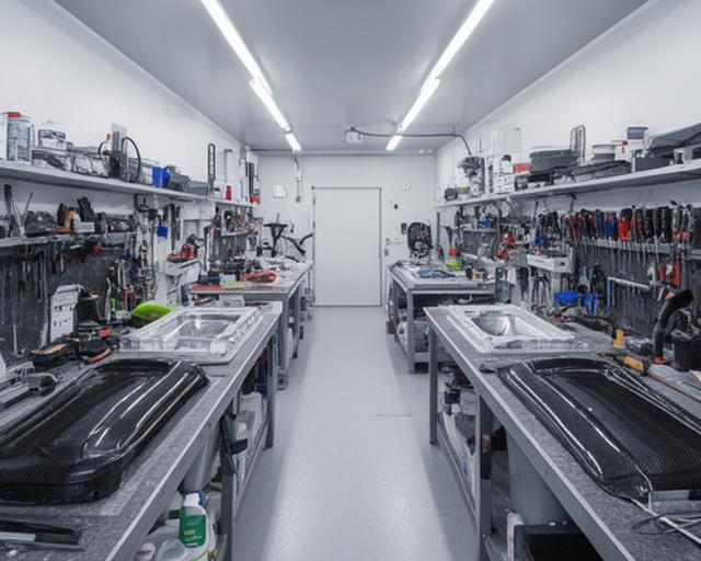 Taller de composites de carbono con bancos de trabajo, moldes y herramientas de precisión