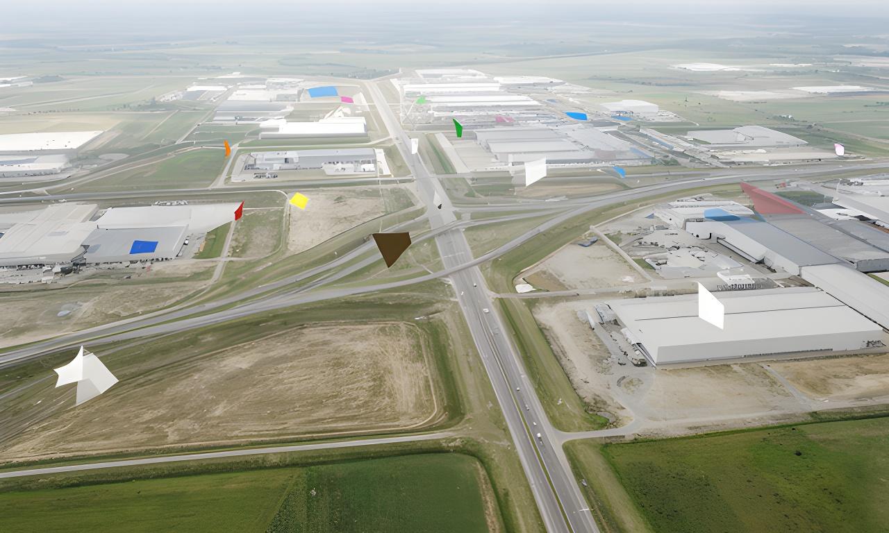 Vista aérea del parque industrial de General Rodríguez con una referencia visual de acceso y calles amplias