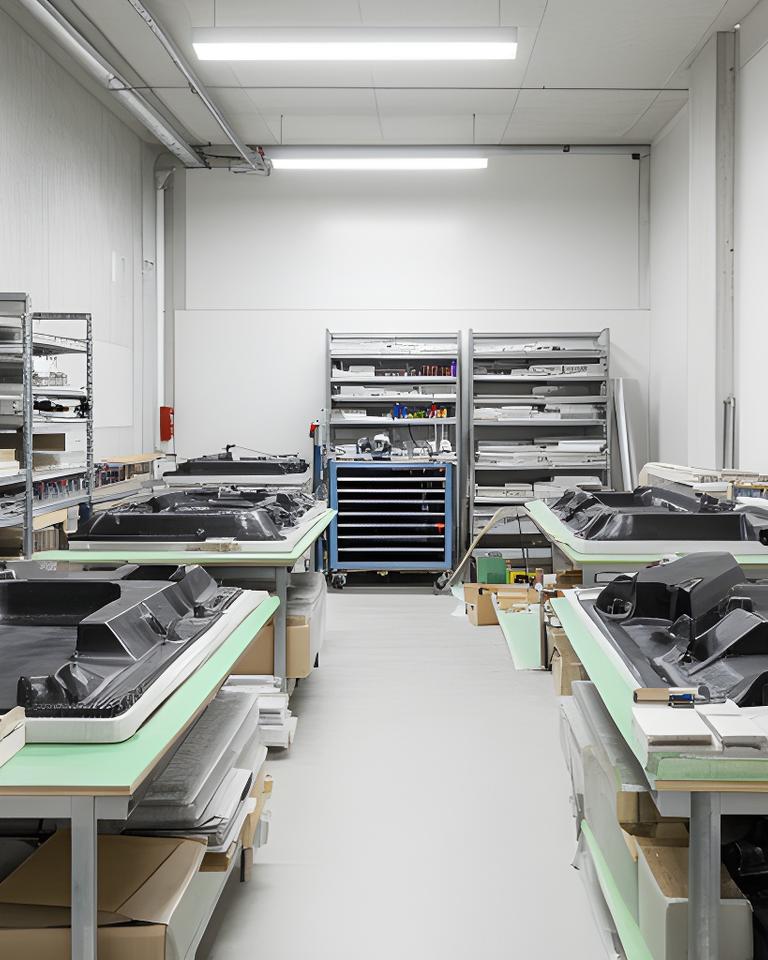 Vista interior de una planta de composites de carbono en crecimiento, con mesas de trabajo, moldes y materiales ordenados