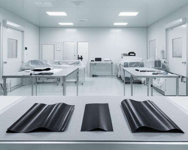 Sala limpia con superficie despejada y materiales de composites de carbono preparados para producción