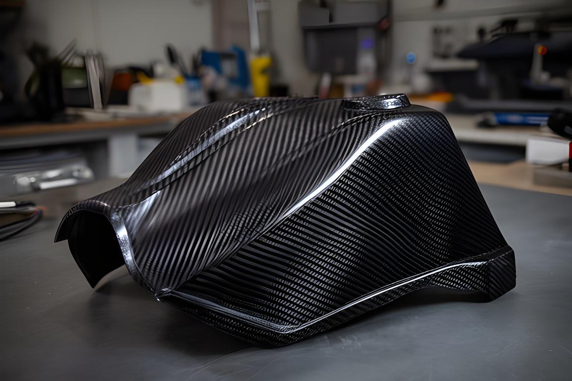 Pieza de fibra de carbono terminada sobre mesa de taller, con textura visible y luz lateral precisa