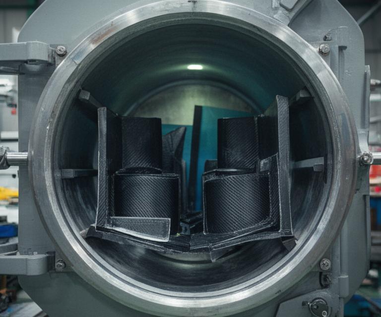 Autoclave industrial con paneles de control y piezas de composite dispuestas para curado uniforme