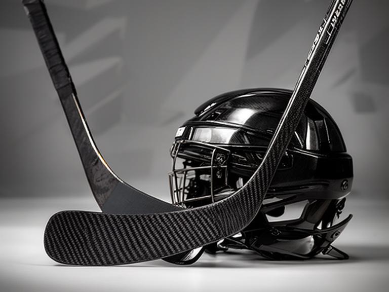 Casco y palo de hockey de carbono presentados sobre fondo neutro con detalle técnico